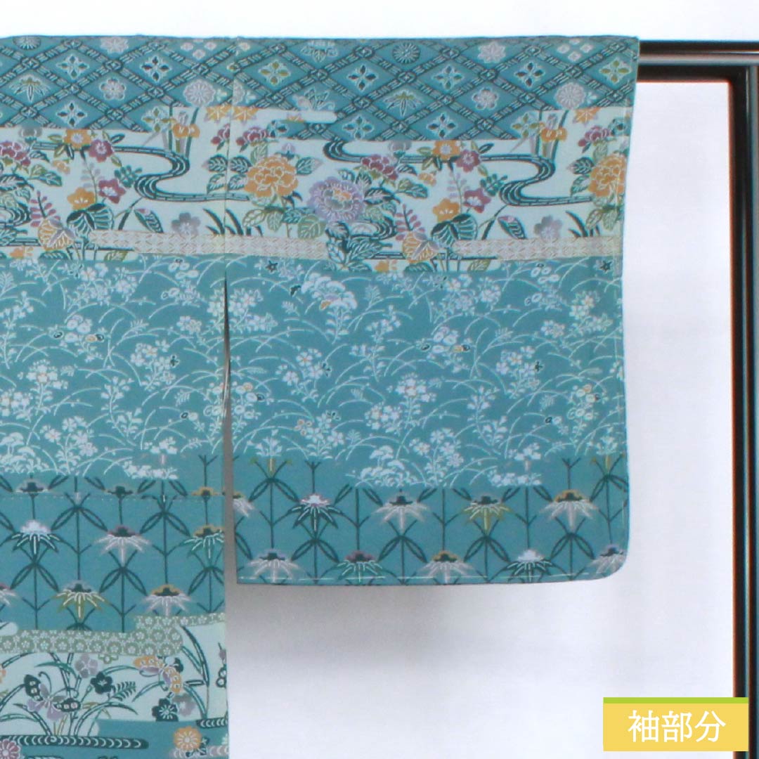 Homongi Silk S-Rank Lined Kimono Length 166cm, Sleeve to Sleeve 67.5cm, Kage-asagi Color, Stenciled, Artist-made, Classic Pattern, With basting stitches, Blue series, 1112007792517