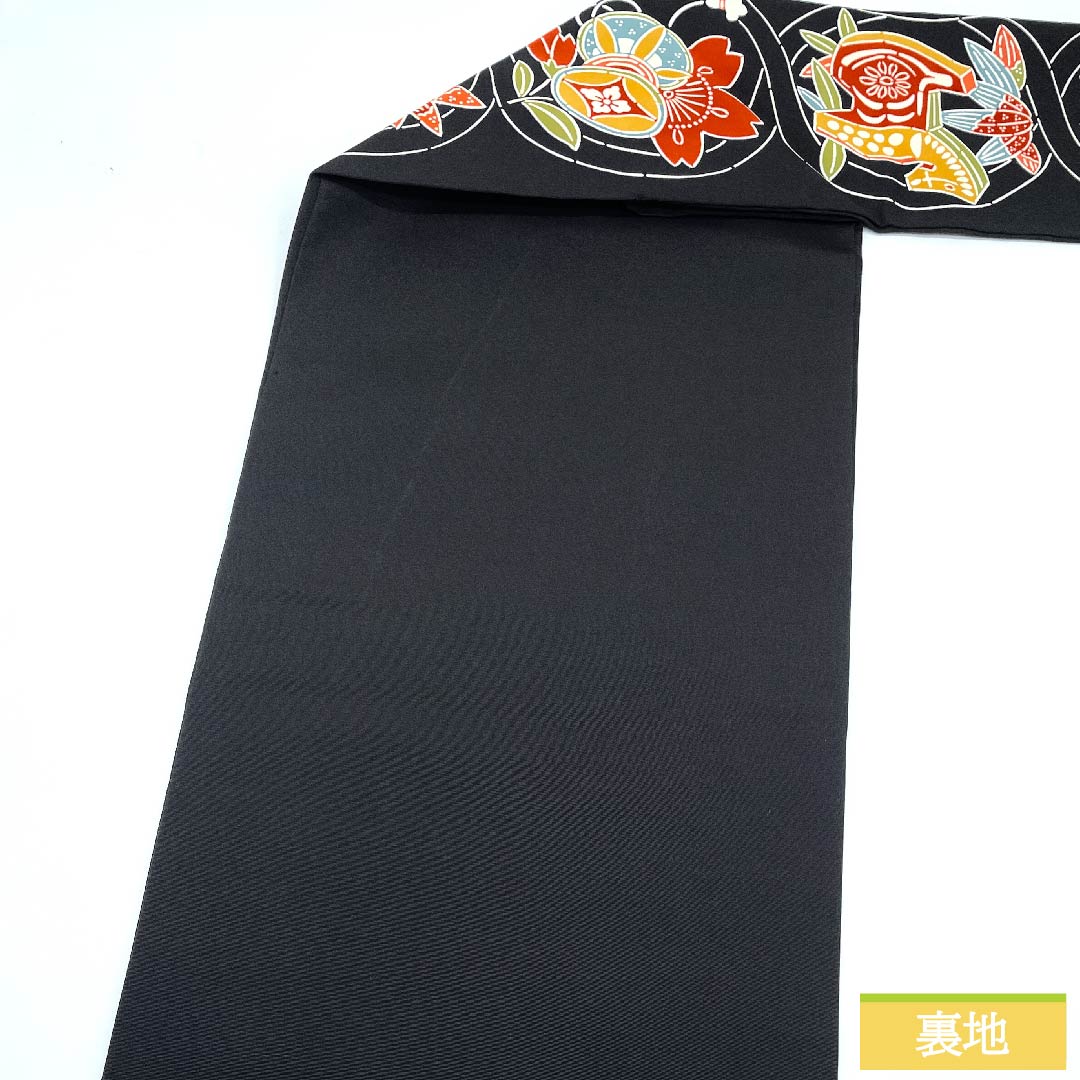 名古屋帯 黒色 型染 京紅型 鼓 糸巻き 蝶 玩具 帯丈368cm 正絹 Sランク 全通 カジュアル 黒系 1124005882310 名古屋仕立て