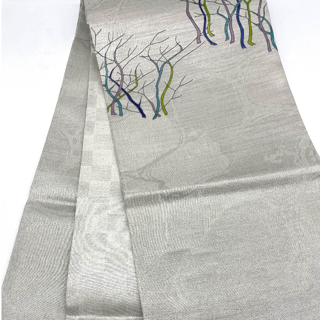 袋帯 薄鼠色(うすねずいろ) 抽象模様 染織作家 斉藤上太郎 帯丈458cm 正絹 Sランク ポイント柄 カジュアル グレー系 1123006832422