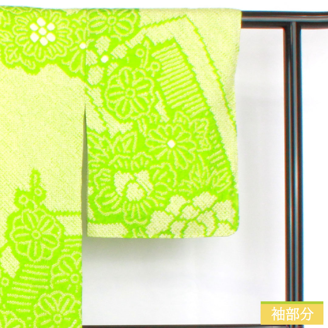 訪問着 正絹 袷 身丈165.5cm 裄丈63.5cm 黄緑色(きみどりいろ) 総絞り しつけ糸付き Aランク 緑系 1112005093519