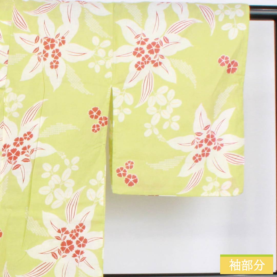 浴衣 木綿 身丈161.5cm 裄丈66cm Sランク 単衣 緑系 若芽色(わかめいろ) 百合 秋桜 1118006382419