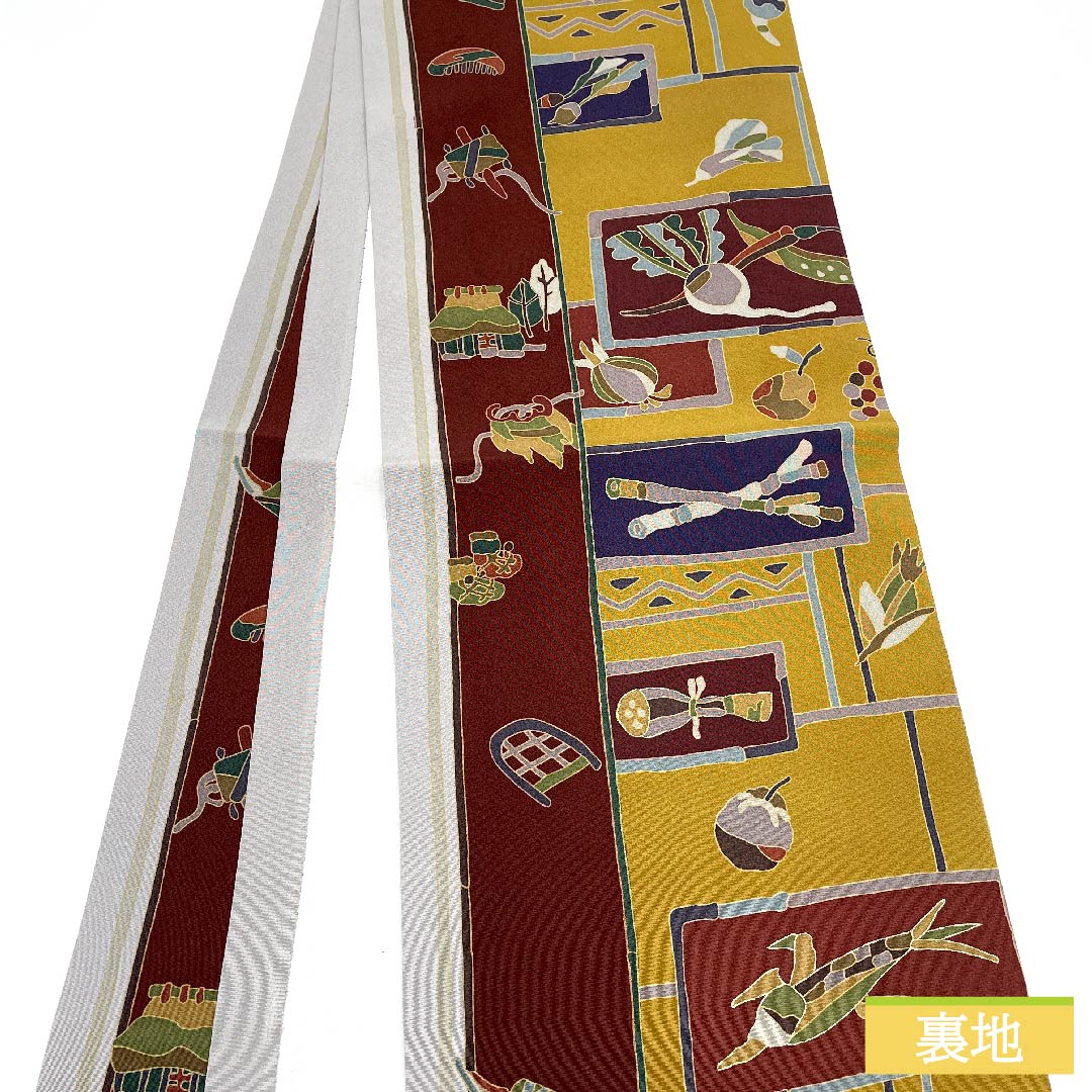 名古屋帯 正絹 錫色(すずいろ) 野菜柄 長尺 農機具 帯丈384cm Sランク 全通 カジュアル グレー系 1124006282422 開き仕立て