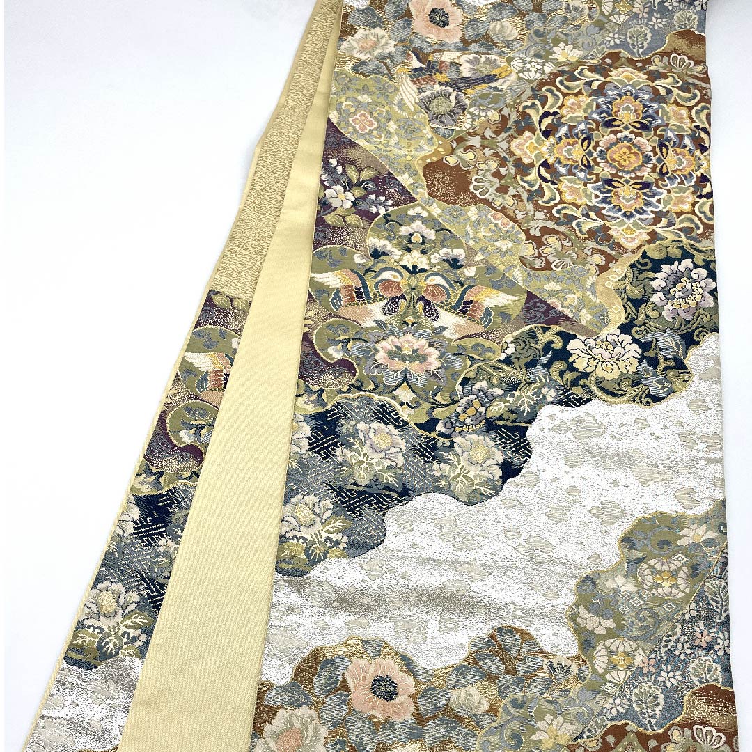 (未仕立)袋帯 銀色 黄金繭 貝紫 みつる帯 帯丈460cm 正絹 Sランク 六通 フォーマル 銀系 1123009332422