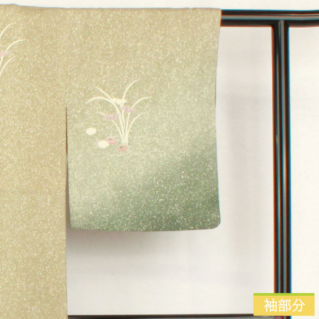 訪問着 正絹 袷 身丈157.5cm 裄丈62cm 蠟色(ろういろ) タタキ染 京友禅 菊 菖蒲 一つ紋 Sランク 緑系 1112005252319