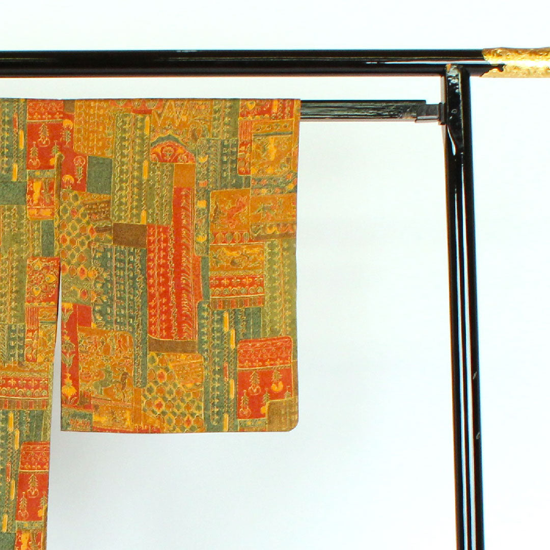 小紋 身丈152cm 裄丈64cm 袷 更紗柄 正絹 Aランク 茶系 1115000083214