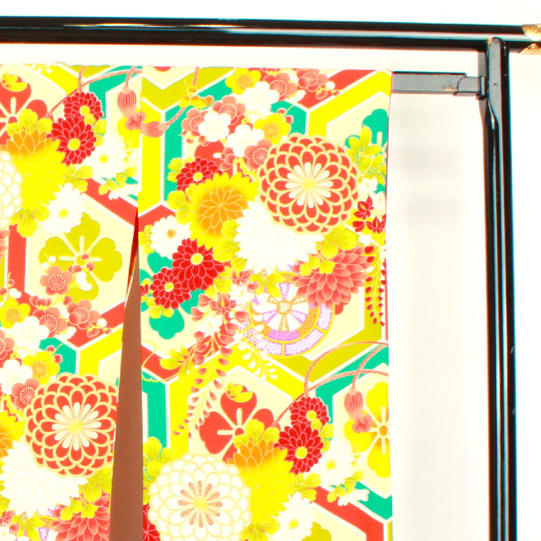 振袖 身丈170.5cm 裄丈67.5cm 袷 洗える着物 亀甲 菊 梅 藤 ポリ Sランク グラデ 1113001012699