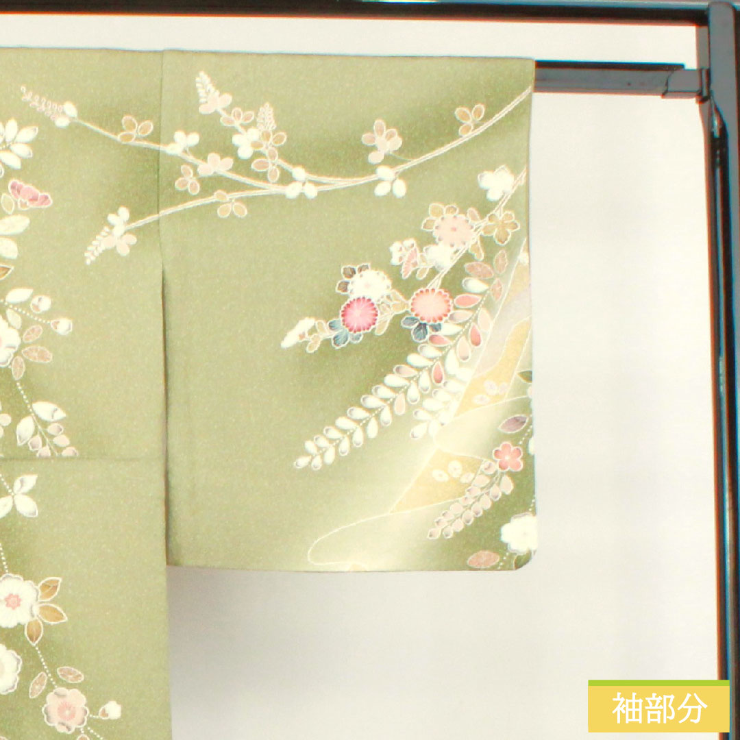 Homongi, pure silk, lined, length 163cm, sleeve length 65cm, willow-colored lining, Kyo-Yuzen, Tsujigahana, S rank, green, 1112003992419