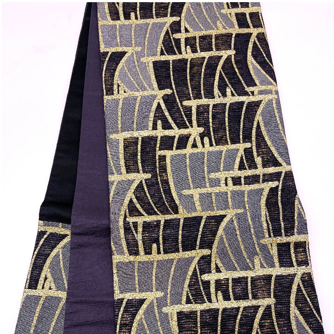 袋帯 緋l紺色(ひこんいろ) 太箔 幾何学模様 帯丈433cm 正絹 Sランク 六通 セミフォーマル 黒系 1123008632310