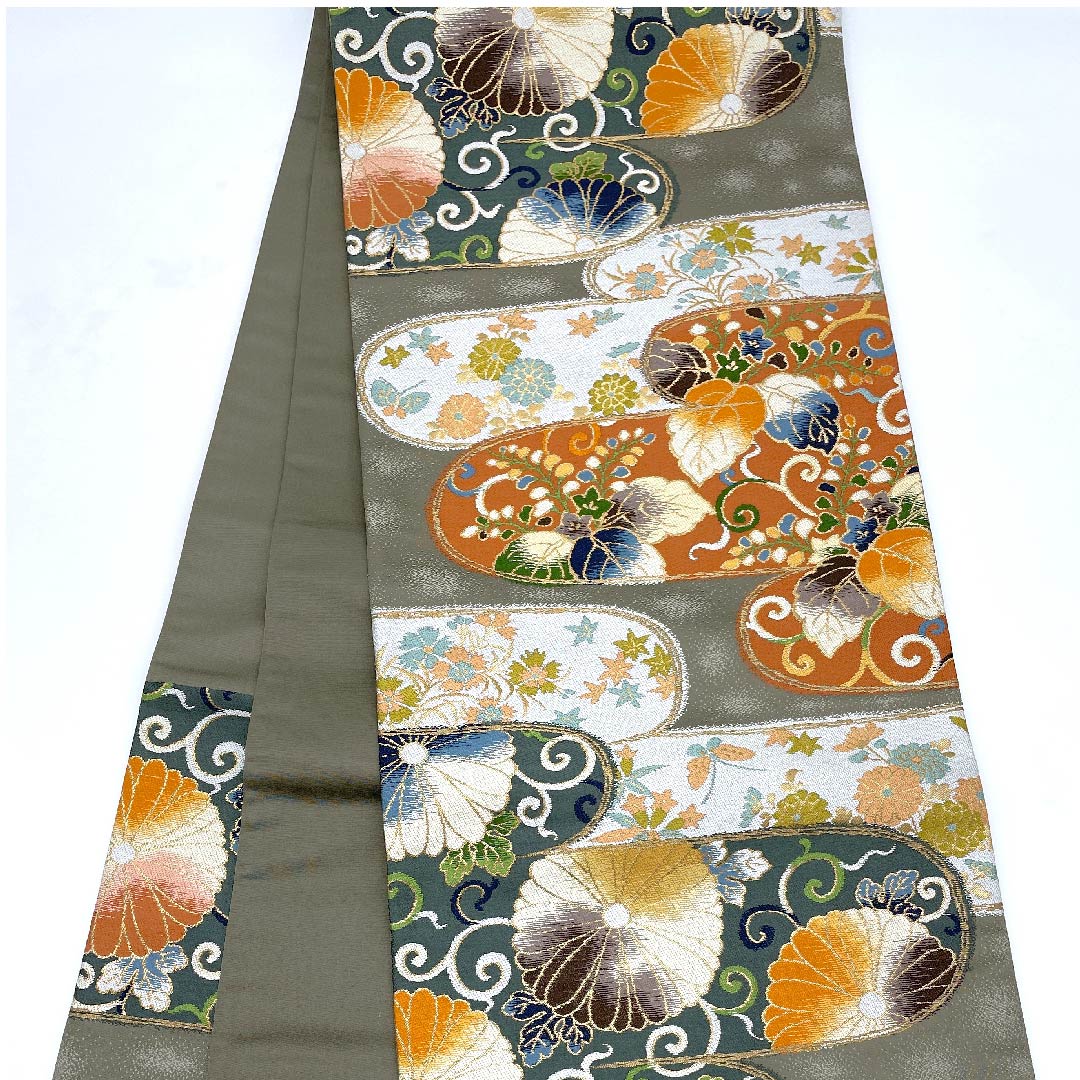 袋帯 白綾苑大庭 菊 桐 帯丈439cm 正絹 Sランク 六通 フォーマル グレー系 1123008592322