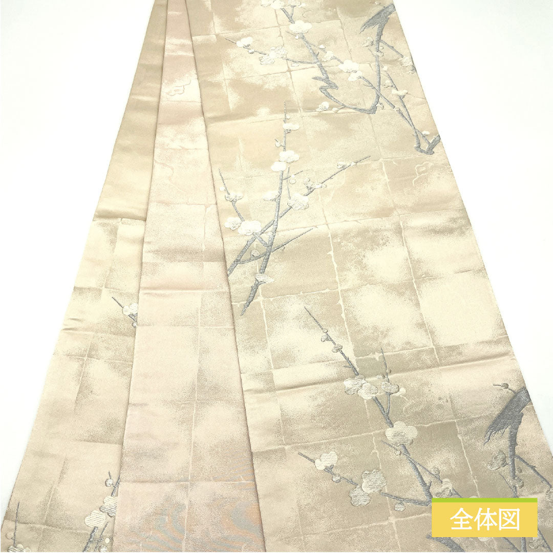 袋帯 ポリエステル Aランク 白茶色(しらちゃいろ) 梅 帯丈426cm 六通 フォーマル ピンク系 1123016053313