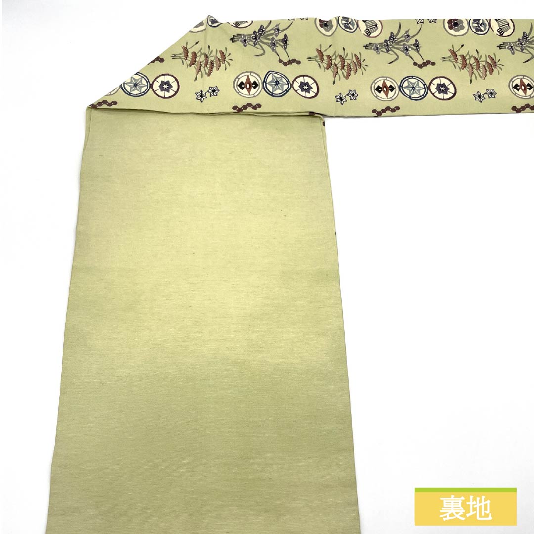Nagoya obi, sulfur color, Kyoto Bingata, round crest, pine, obi length 341cm, pure silk, A rank, six-pass, casual, green, 1124007593319, Nagoya style