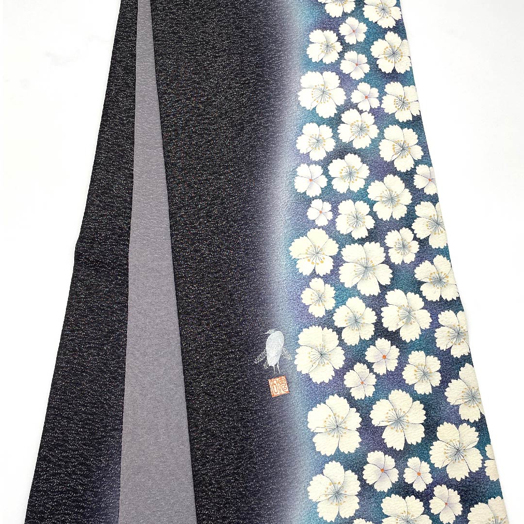袋帯 黒色 桜 帯丈452cm 正絹 Sランク 六通 セミフォーマル 黒系 1123007862410