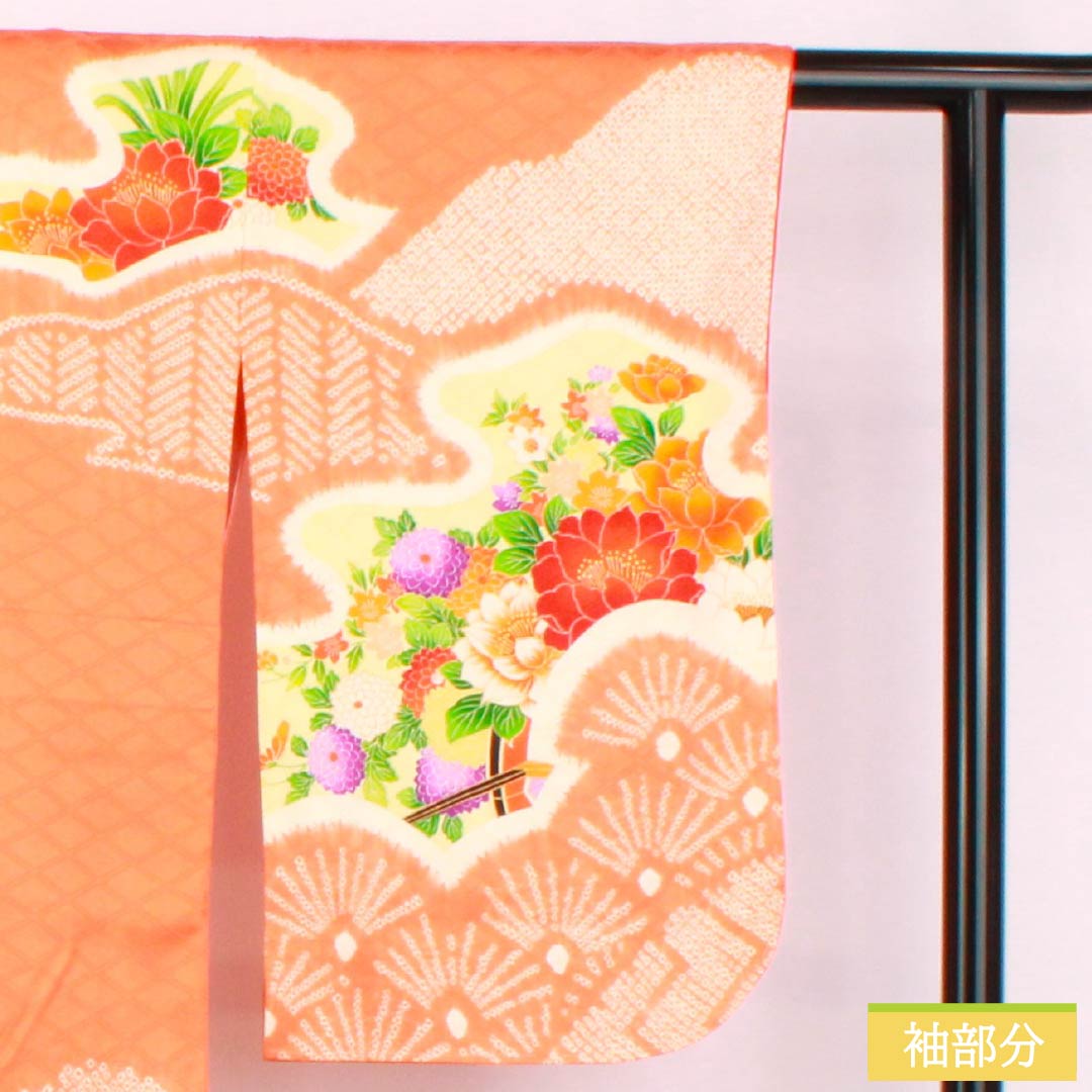 訪問着 正絹 Aランク 袷 身丈158cm 裄丈62cm 赤橙色(あかだいだいいろ) 京友禅 絞り 吉祥文様 入子菱 花 橙系 1112007513326
