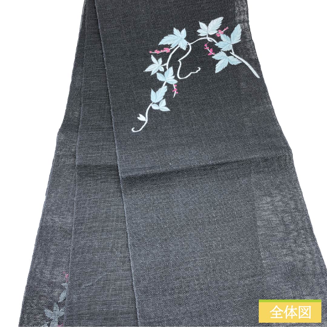 名古屋帯 正絹 Sランク 開き仕立て 黒色(くろいろ) 植物柄 夏帯 帯丈359cm ポイント柄 カジュアル 黒系 1124013112310