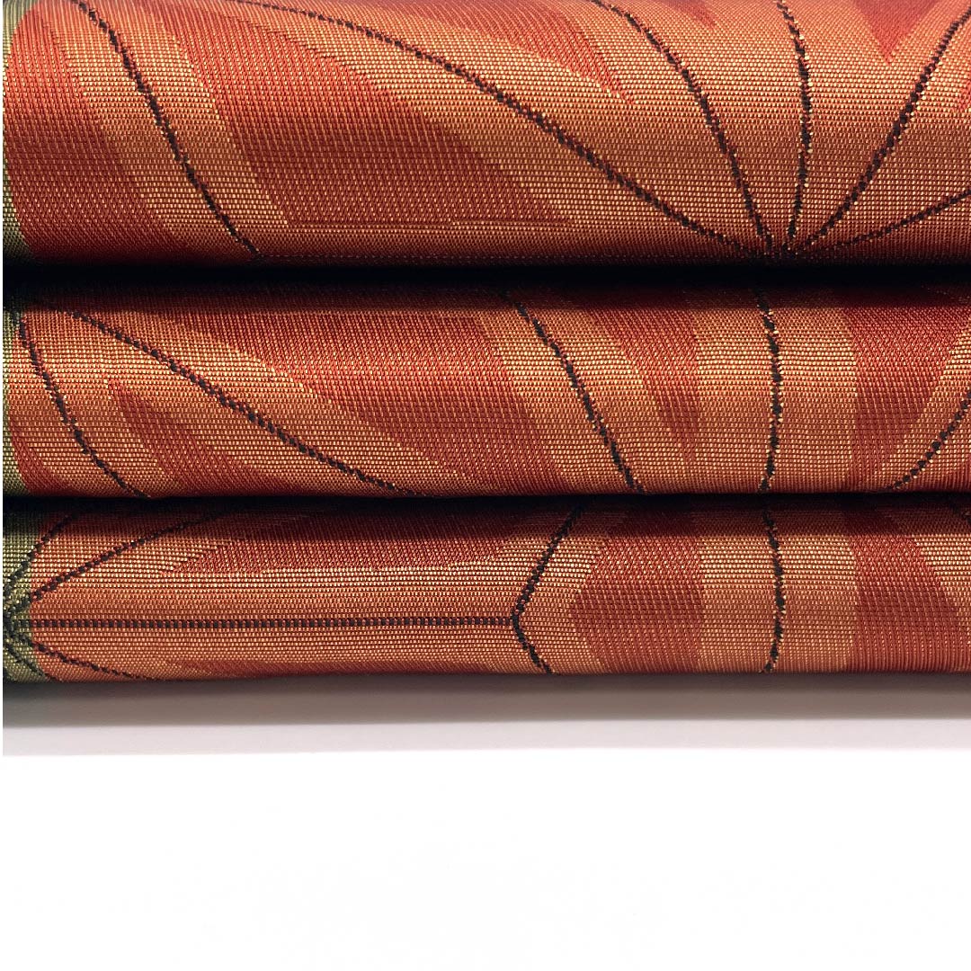 (未仕立)半幅帯 木綿 牛血紅色(ぎゅうけつこういろ) 麻の葉 幾何学模様 帯丈388cm 朱系 Sランク 1125001242316