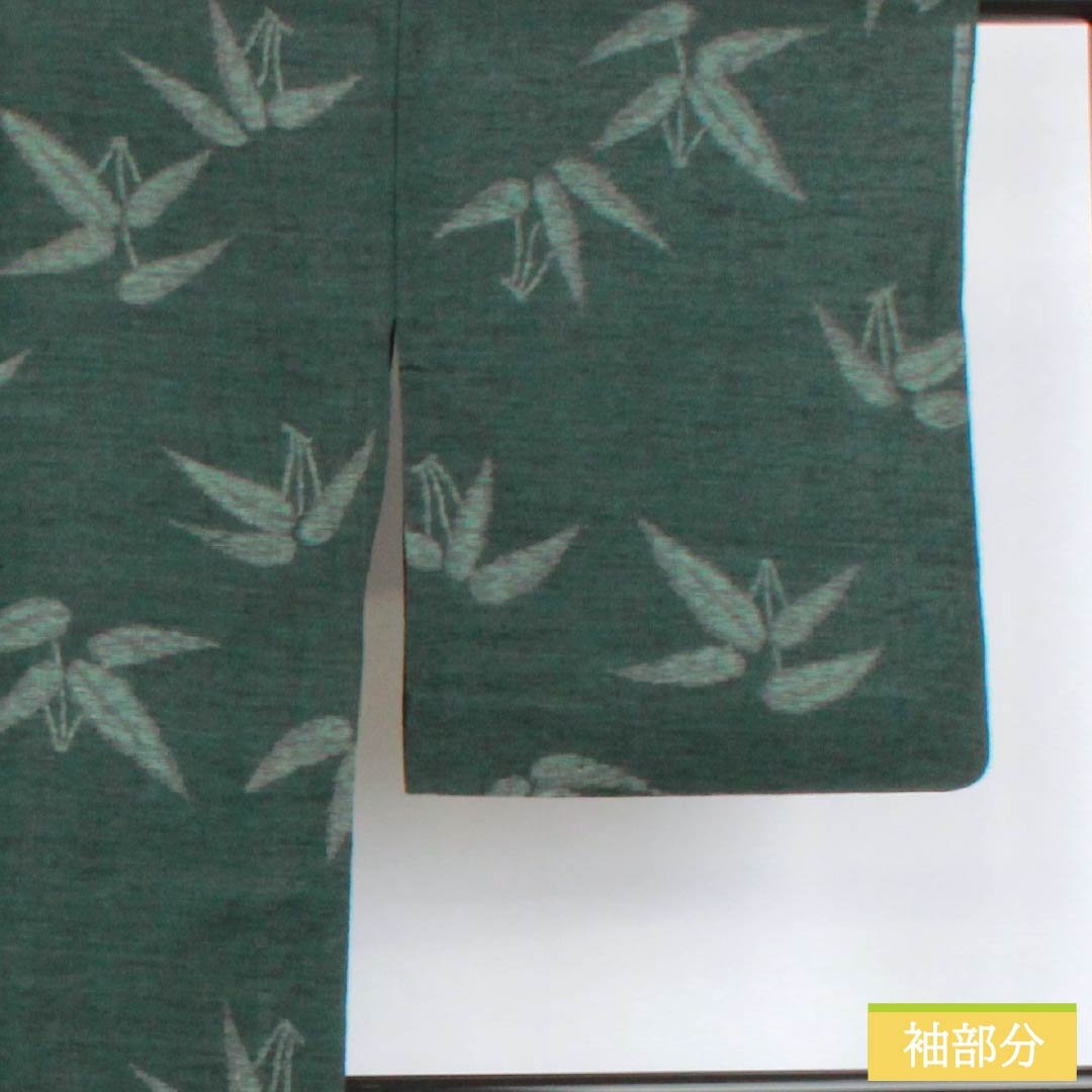 Summer cotton-linen tsumugi kimono, length 163cm, sleeve length 67.5cm, iron-colored bamboo leaf pattern, green, A-rank, product number 1132002823419