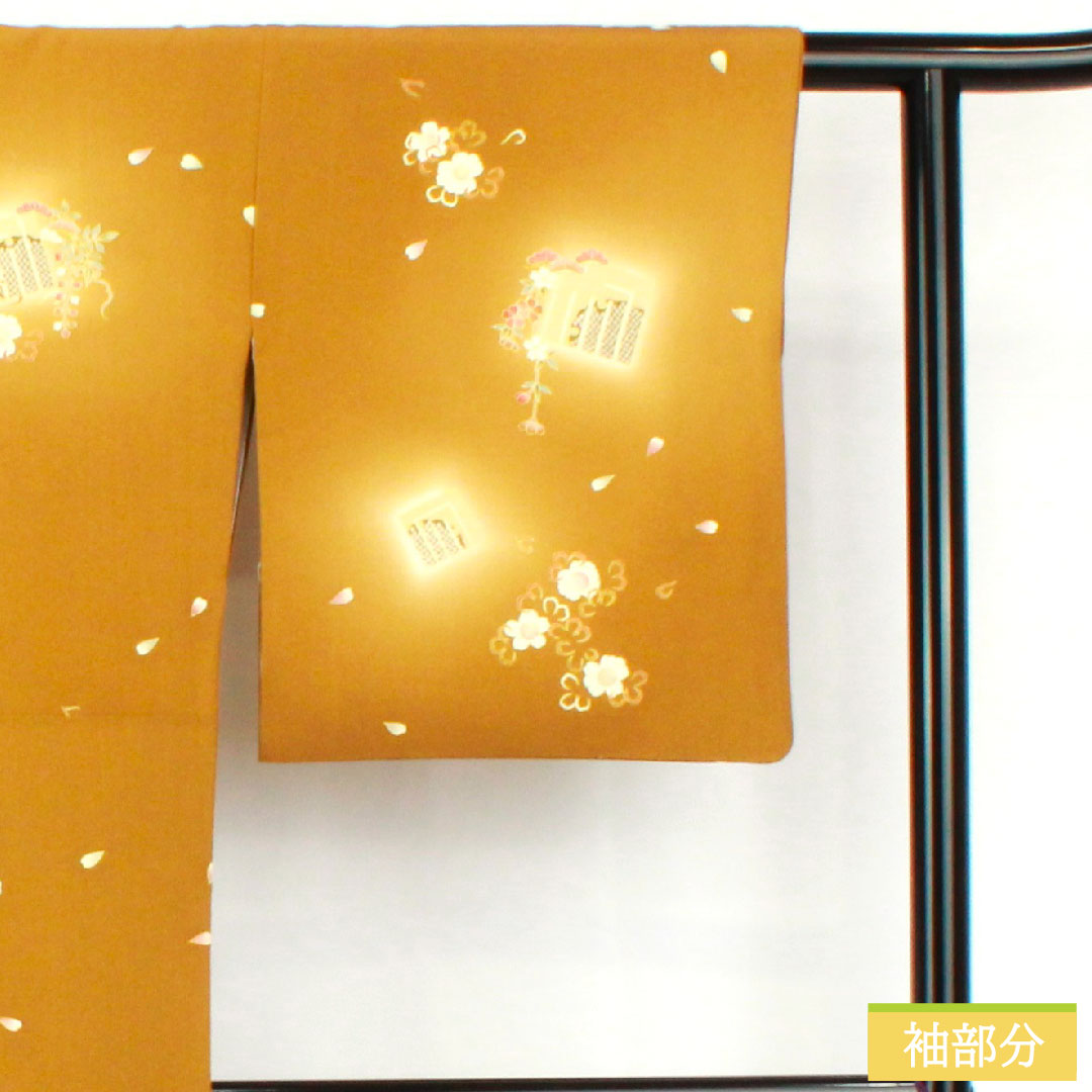 訪問着 正絹 袷 身丈156cm 裄丈66.5cm 木蘭色(もくらんじき) 桜 源氏香 パールトーン加工 Aランク 黄系 1112005433323