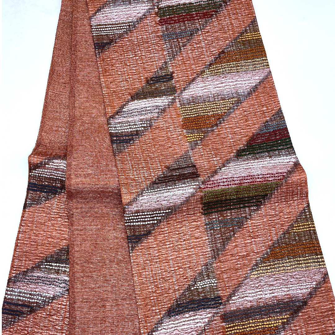 Fukuro Obi (Bengara-iro) Geometric Pattern Length 436cm Pure Silk S Rank Six-way Casual Brown 1123007912314