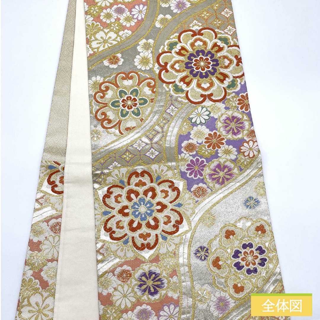 袋帯 正絹 生成り色(きなりいろ) 華文 七宝 桜 菊 帯丈444cm Aランク 六通 フォーマル 銀系 1123012103322