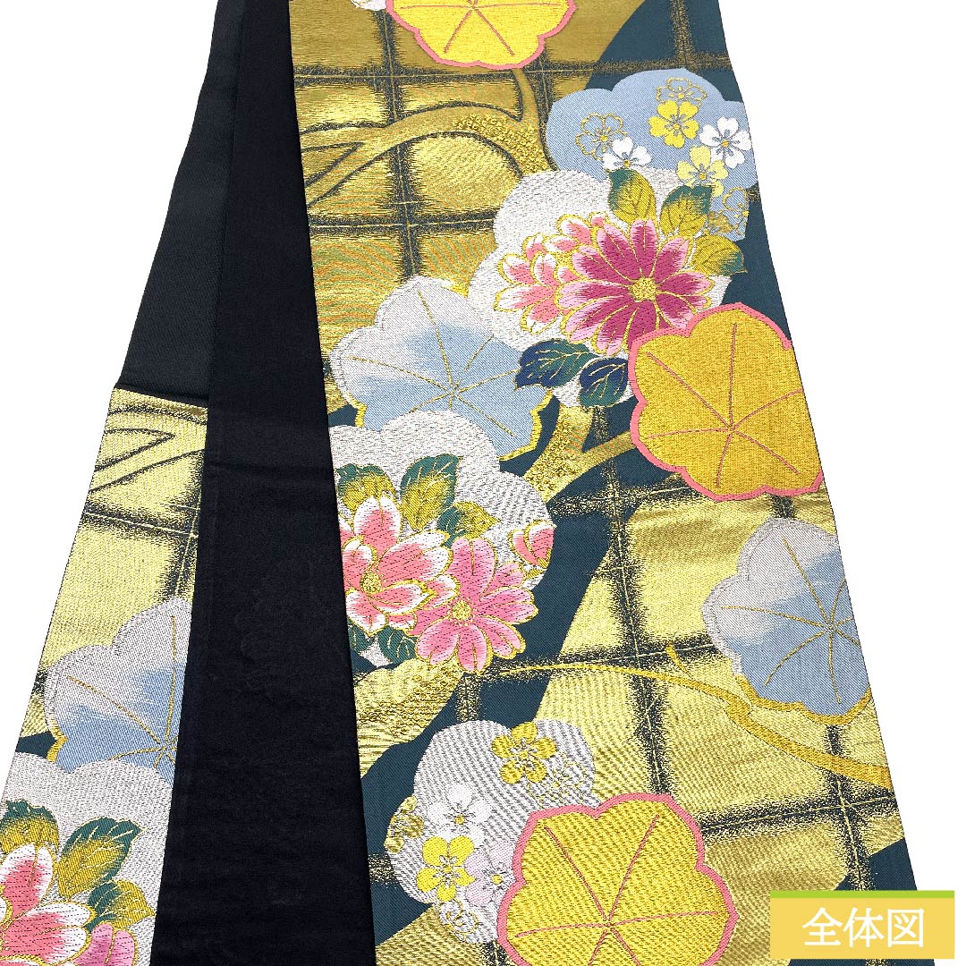 袋帯 高麗納戸色(こうらいなんどいろ) 梅 桜 花模様 石畳 帯丈430cm 正絹 Sランク 六通 フォーマル 緑系 1123010482319