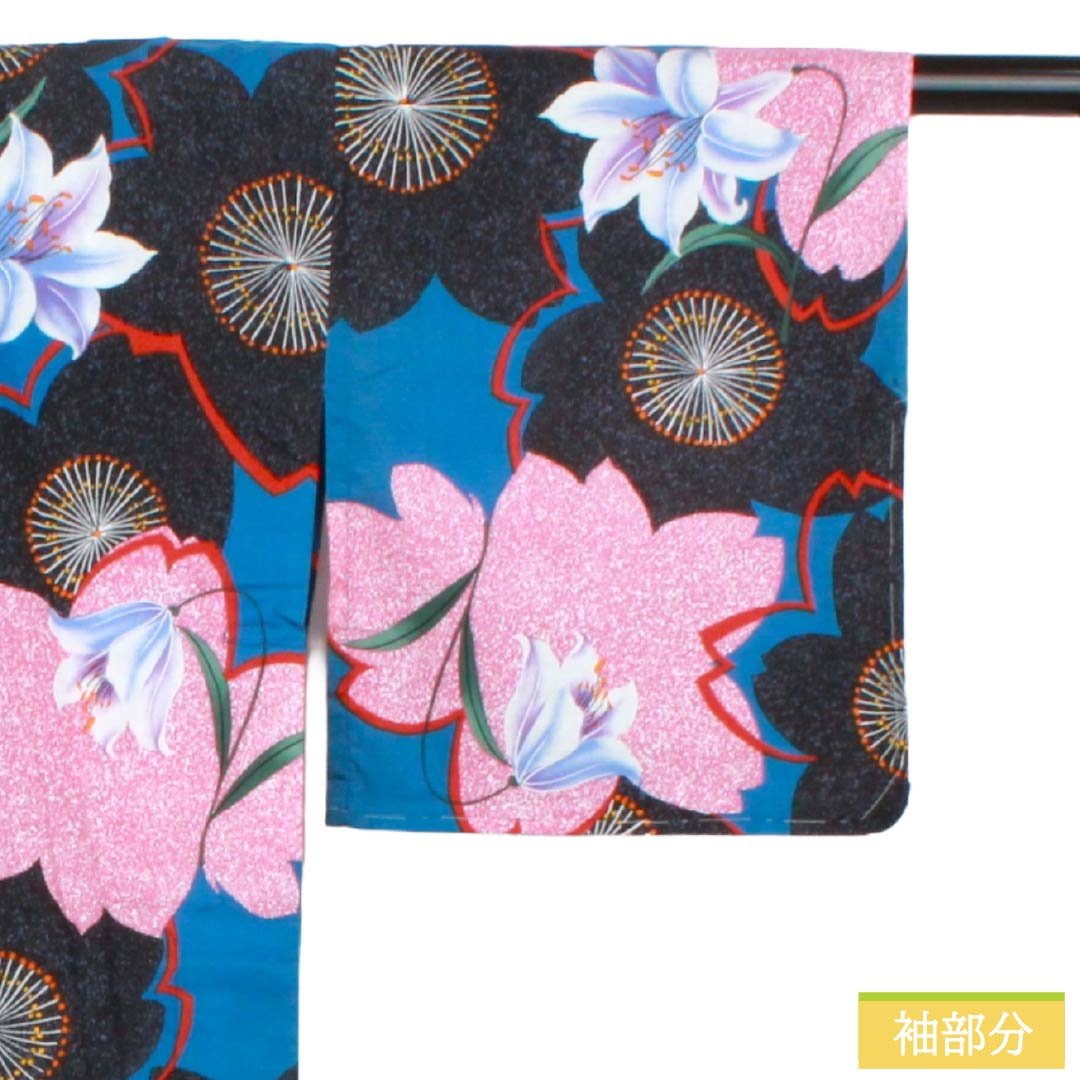 浴衣 木綿 Sランク 身丈165.5cm 裄丈68cm 青黛色(せいたいいろ) 百合 桜 型染 単衣 青系 1118006962517