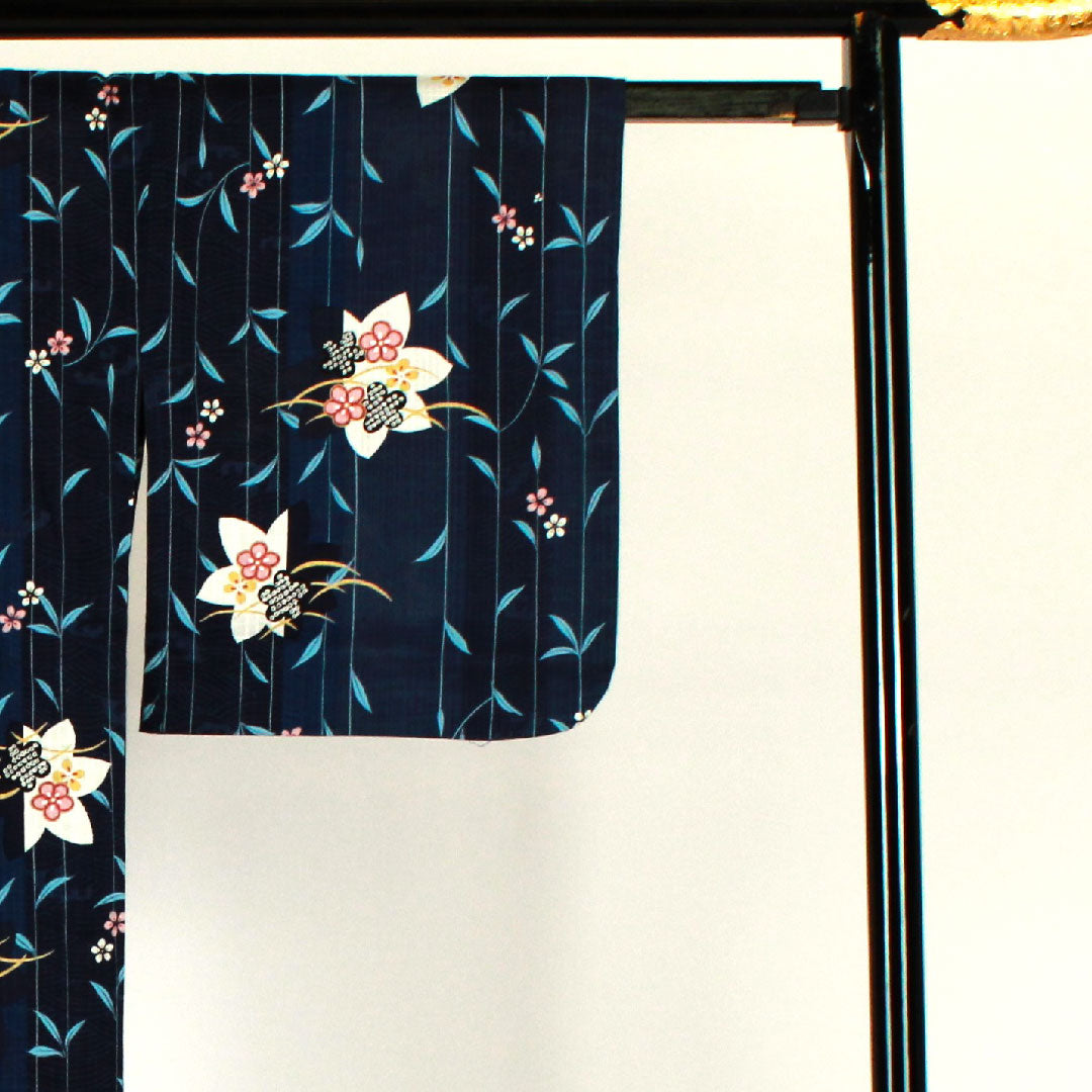 浴衣 花模様 木綿 Sランク 単衣 身丈165cm 裄丈66cm 青系 1118000812517