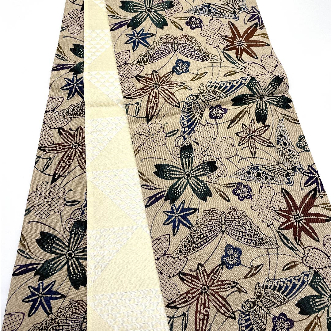 袋帯 白橡色(しろつるばみ) 蝶 桜 染め帯 帯丈450cm 正絹 Aランク 全通 カジュアル 茶系 1123006103314