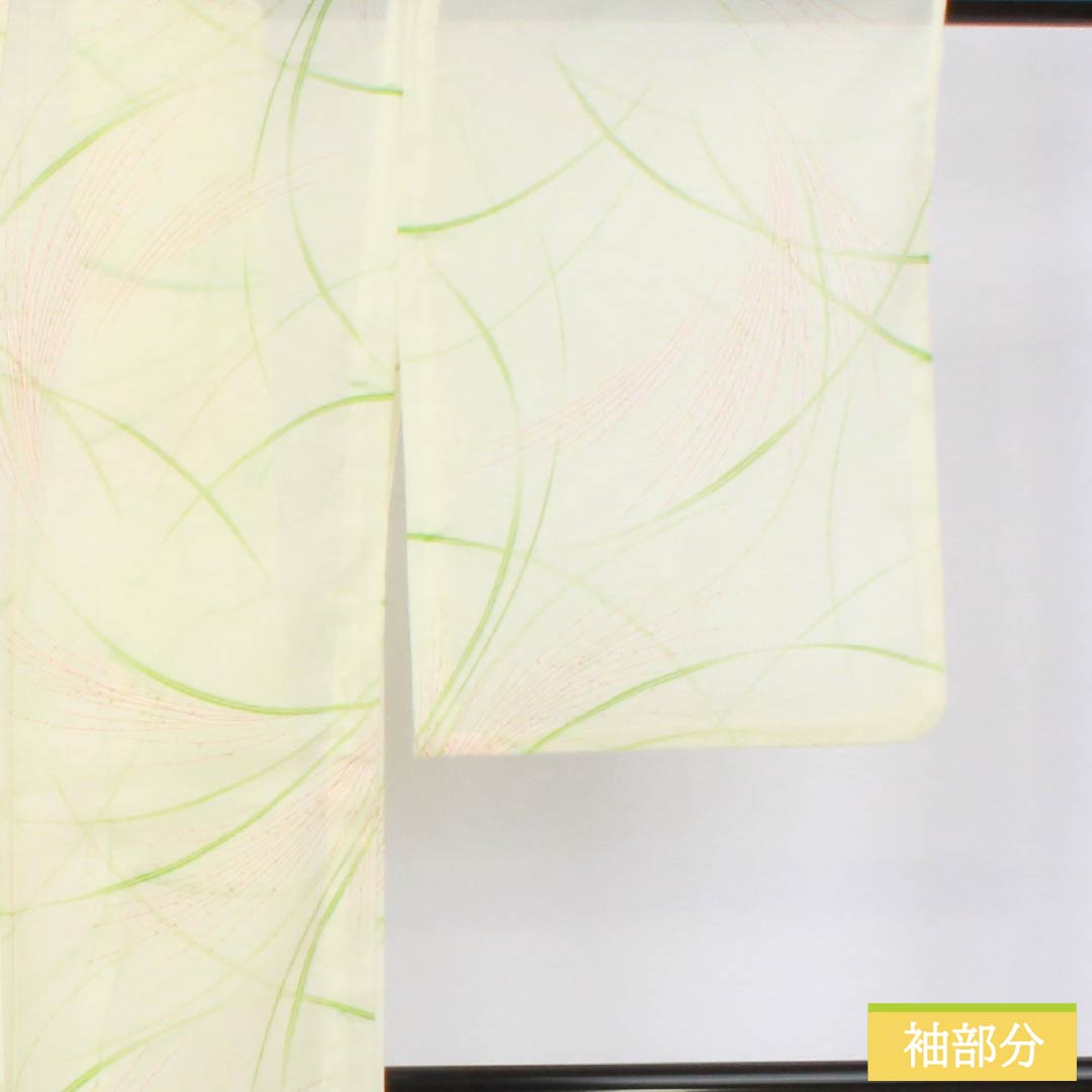 夏物 ポリエステル 小紋 身丈159cm 裄丈63.5cm 白百合色(しらゆりいろ) ススキ 洗える着物 絽 Sランク 黄系 1132002582323