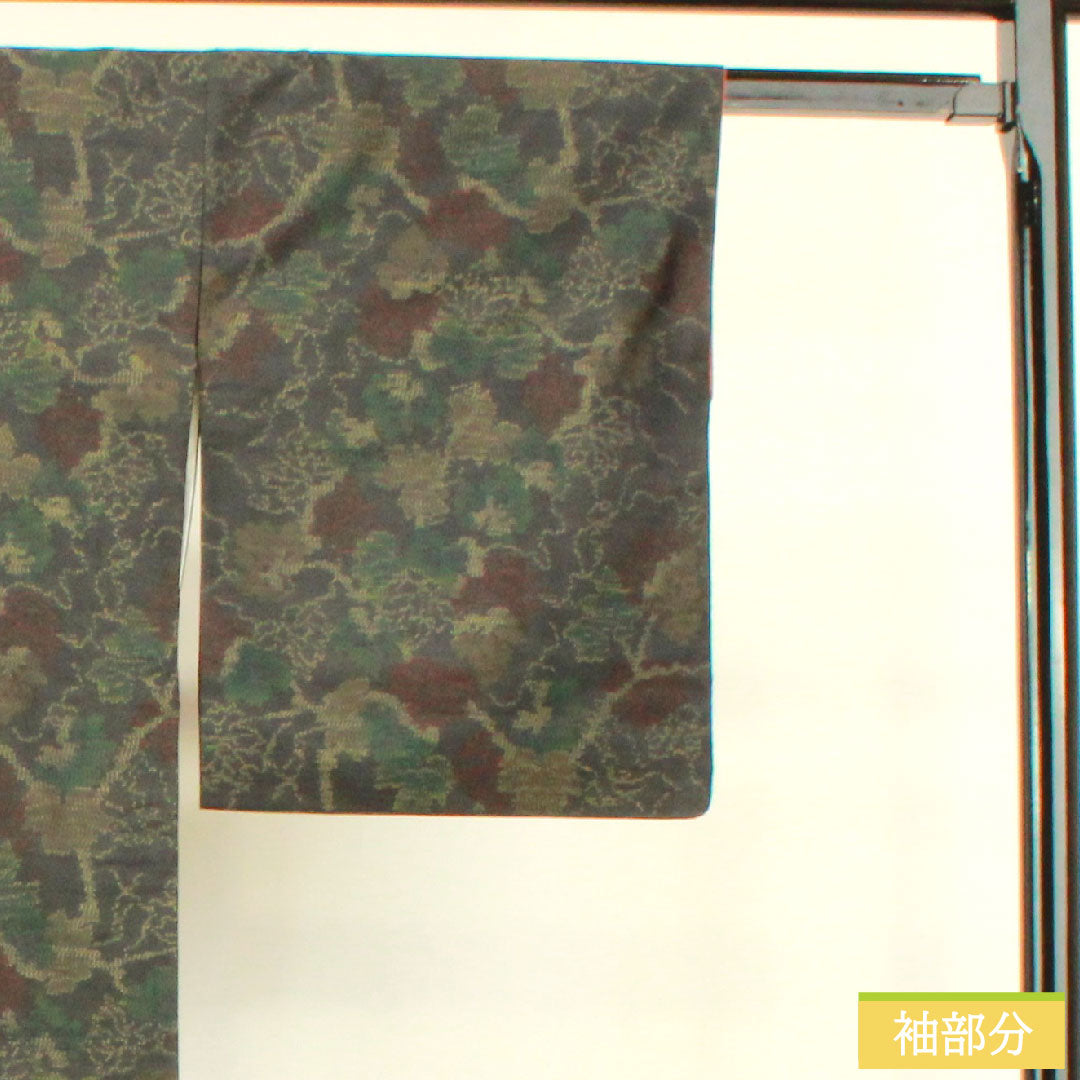 Silk pongee, Length 160cm, Sleeve length 65.5cm, Oshima pongee, Weft-total kasuri, Leaf pattern, S rank, Lined, Black, 1116003352410