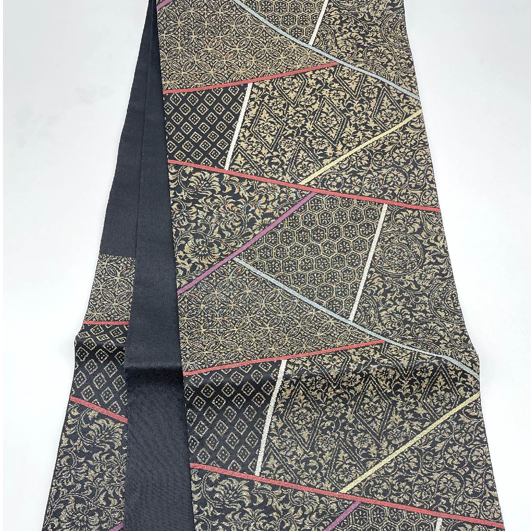 袋帯 黒色 切り嵌め風 七宝 更紗 亀甲 帯丈432cm 正絹 Sランク 六通 カジュアル 黒系 1123008832310