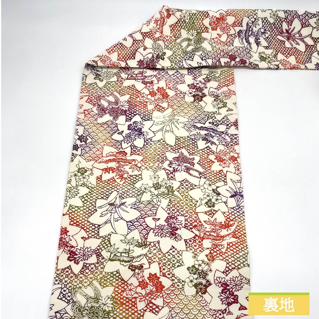 Nagoya obi, stencil-dyed, autumn leaves, chrysanthemums, obi length 377cm, pure silk, S rank, full-length, casual, white, 1124007762311, Nagoya-made