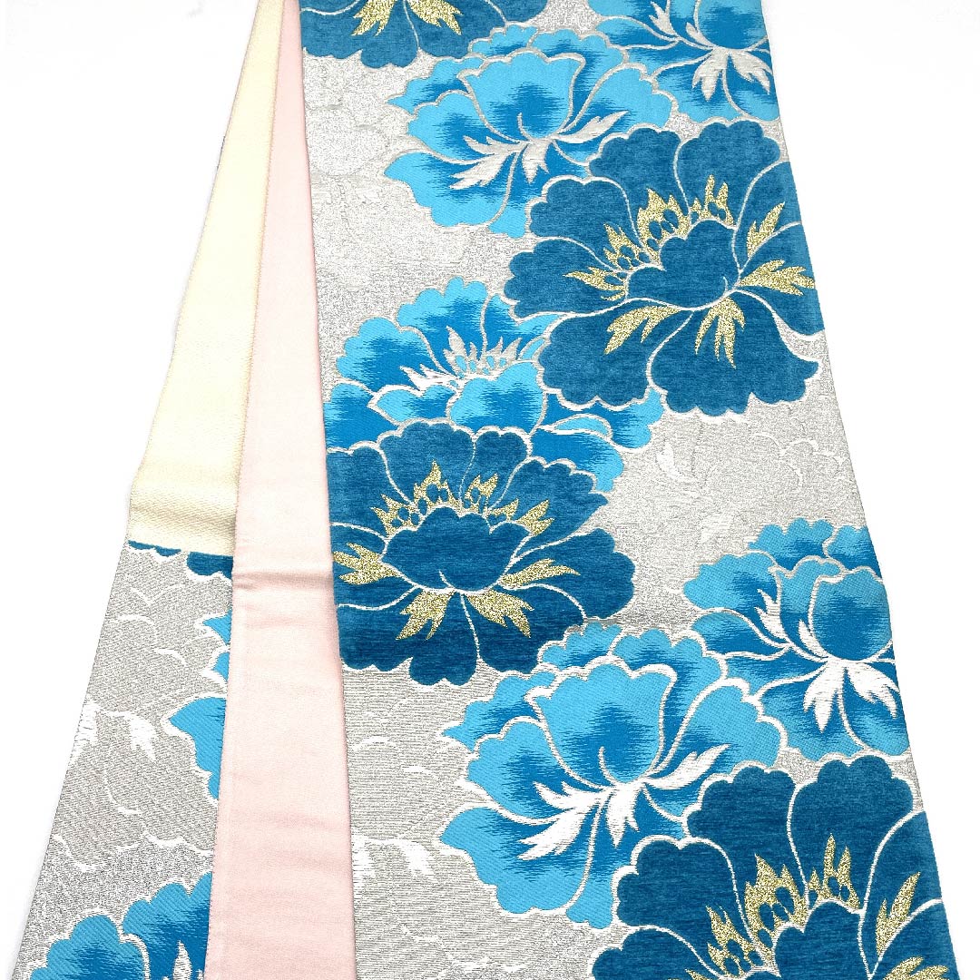 袋帯 銀色 花模様 帯丈430cm 正絹 Sランク 六通 フォーマル 銀系 1123009732322