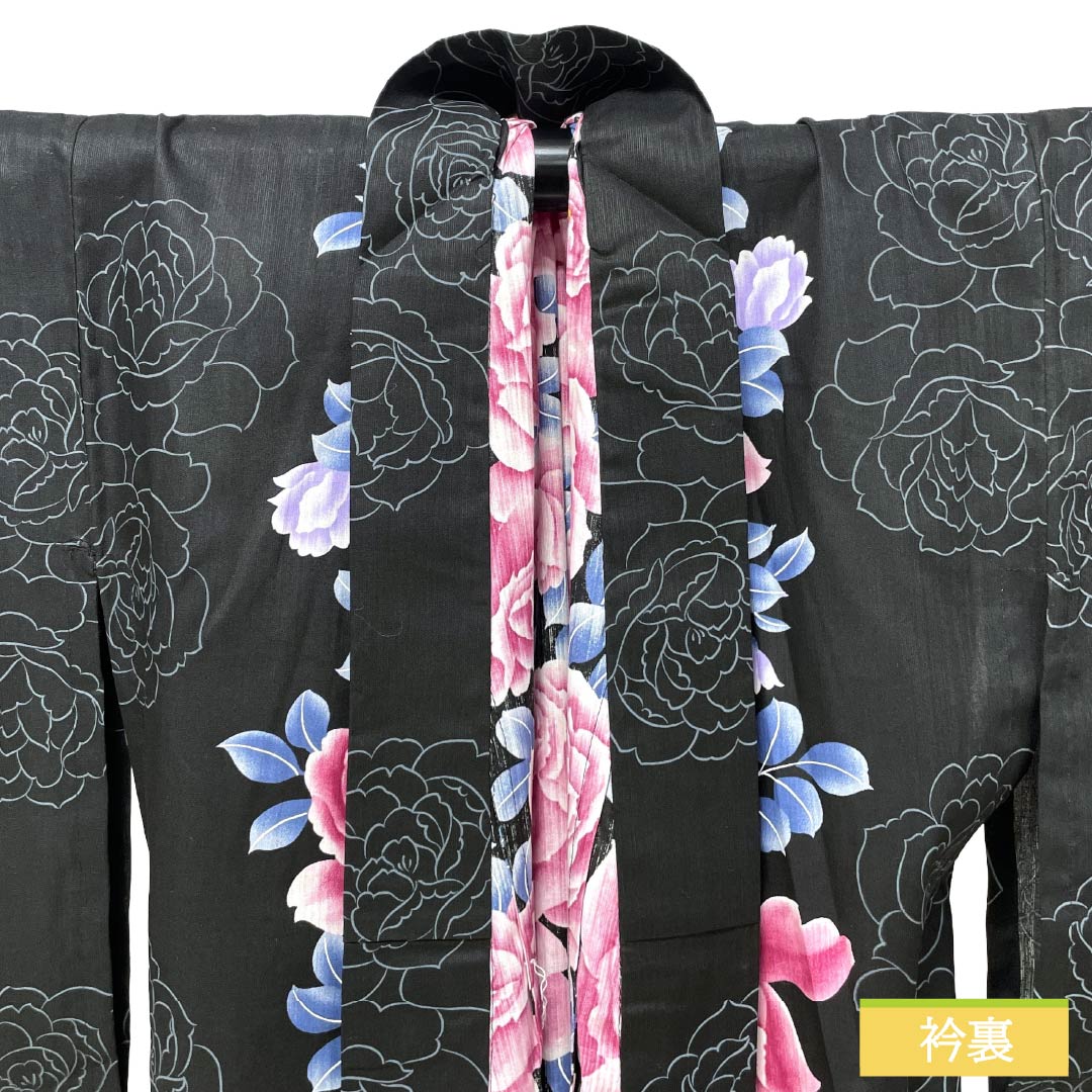 浴衣 木綿 Sランク 身丈167cm 裄丈65.5cm 薔薇 単衣 黒系 1118007372510