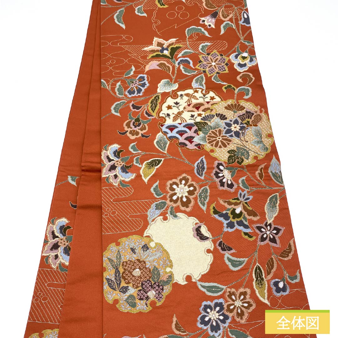袋帯 正絹 紅柿色(べにかきいろ) 留袖用 白綾苑大庭 雪輪 花模様 帯丈436cm Sランク 六通 フォーマル 橙系 1123014402326