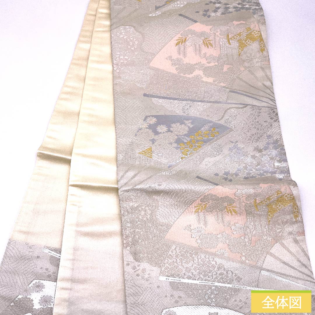 (未仕立)袋帯 胡粉色(ごふんいろ) 扇面 御所車 菊 秀峰 帯丈404cm 正絹 Sランク 六通 フォーマル 白系 1123010252311