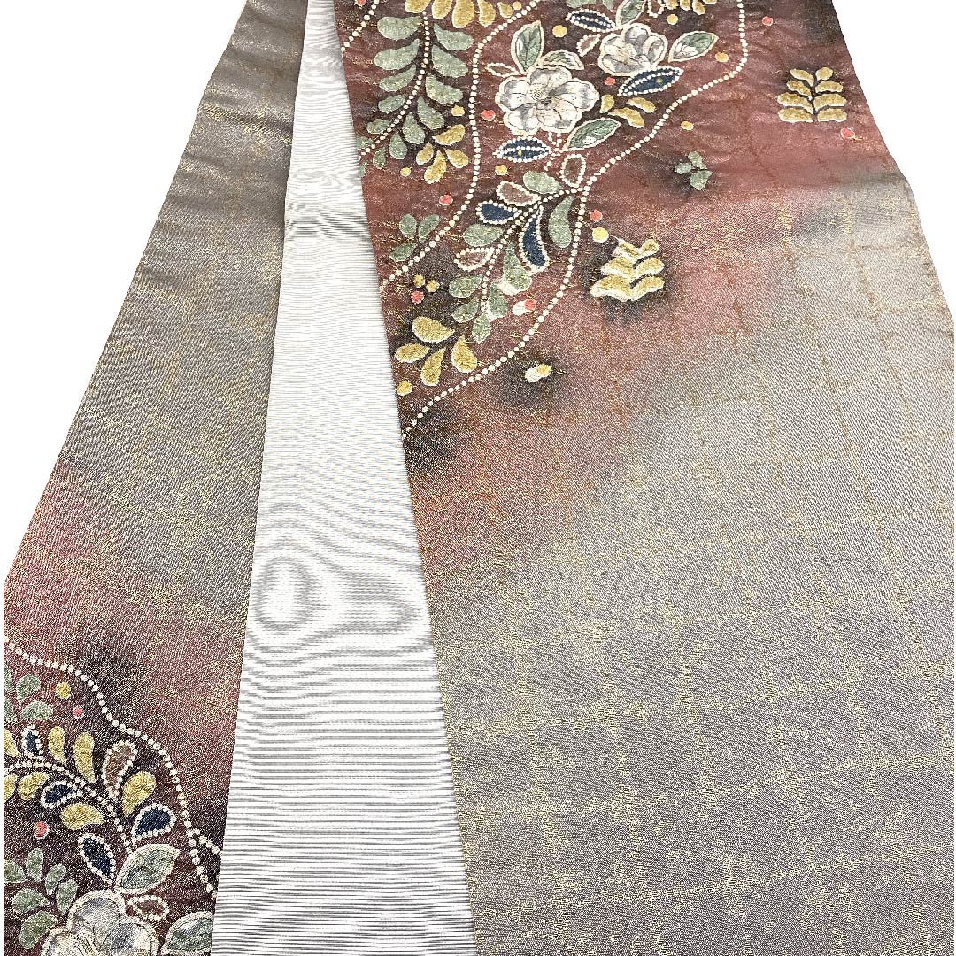 袋帯 錫色(すずいろ)辻ヶ花 ふくれ織 格子 帯丈452cm 正絹 Aランク ポイント柄 フォーマル グレー系 1123005593422