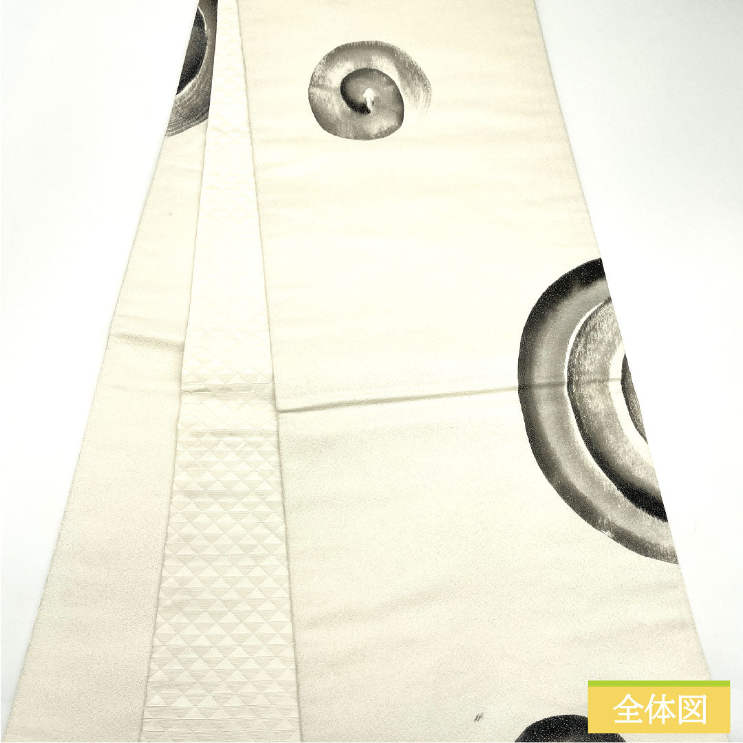 袋帯 正絹 Sランク 染め帯 唐獅子 円相 銀通し 墨描き 帯丈462cm ポイント柄 カジュアル 白系 1123017102411