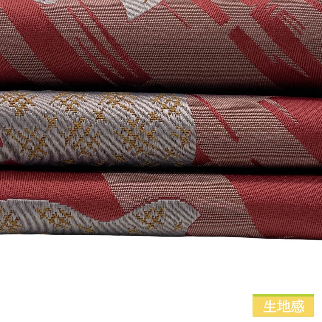 (新品)半幅帯 ポリエステル NEWランク 真紅色(しんくいろ) 紅鼠色(べにねずいろ) 千鳥 鱗文様 広幅 帯丈398cm 赤系 1125006041312