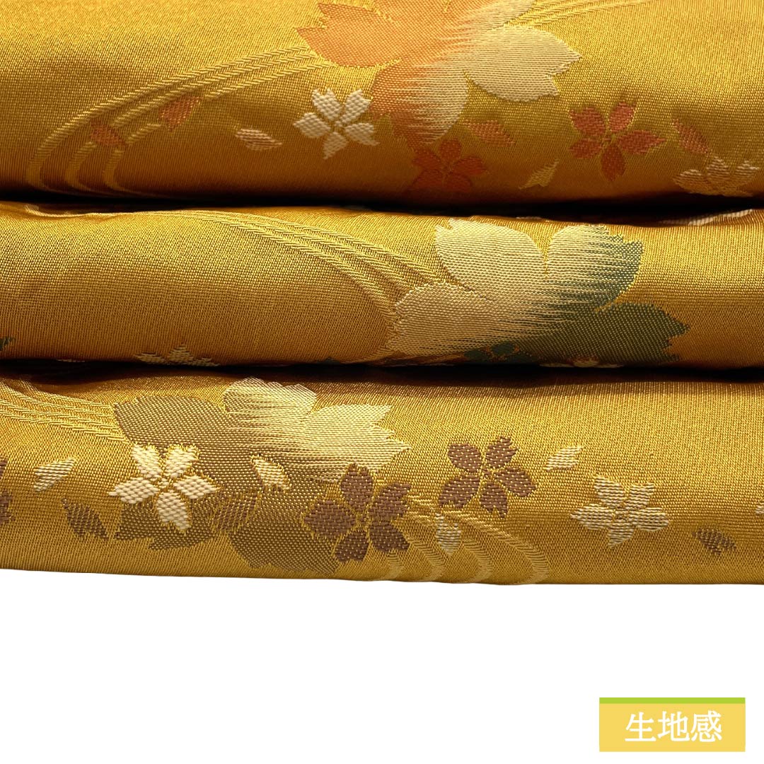 【未仕立】半幅帯 ポリエステル Sランク 晒柿色(されがきいろ) 古典柄 桜 流水 広幅 帯丈410cm 茶系 1125003402414