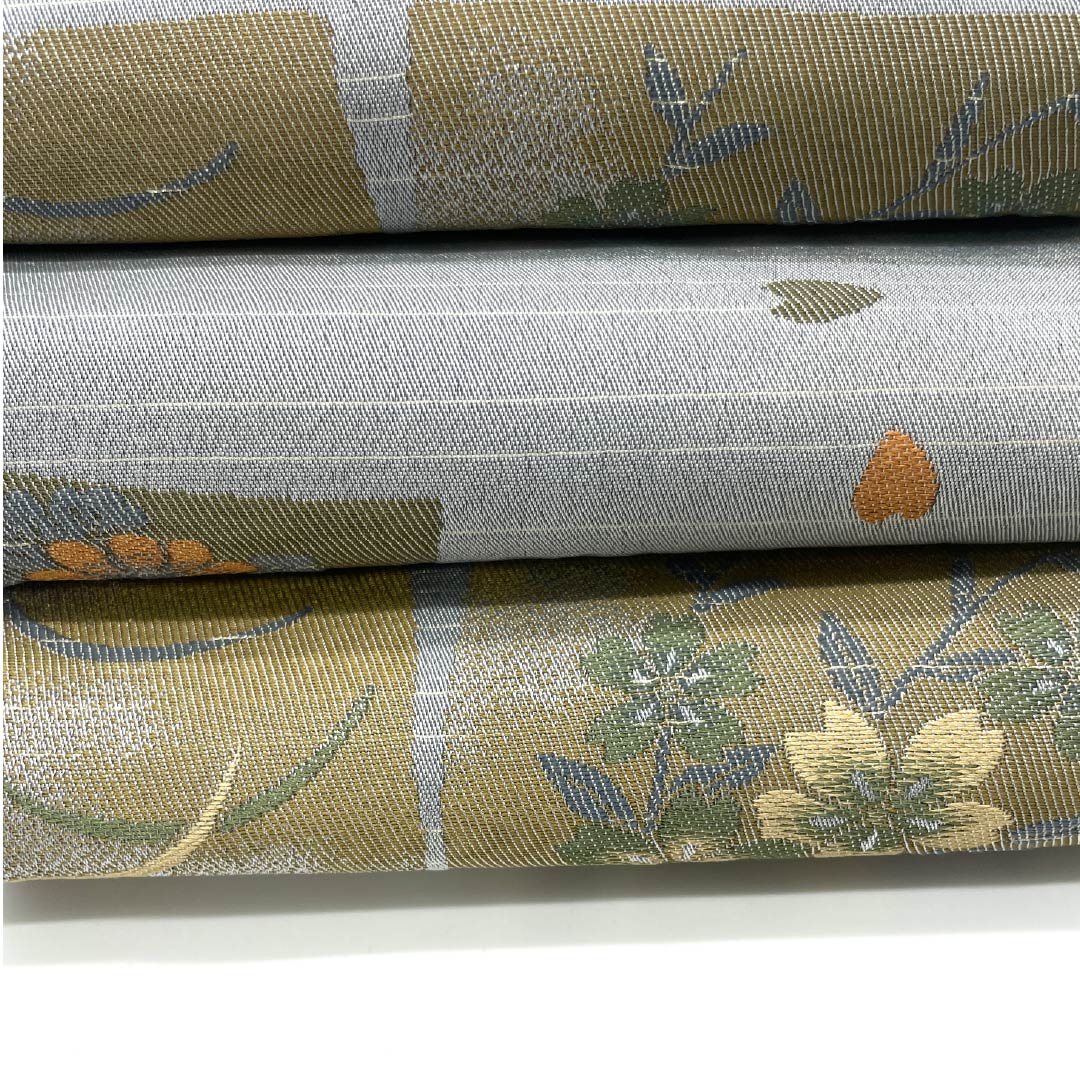 半幅帯 ポリエステル 帯丈440cm 水銀色(すいぎんいろ) 古典柄 花柄 長尺 グレー系 Sランク 1125001522422