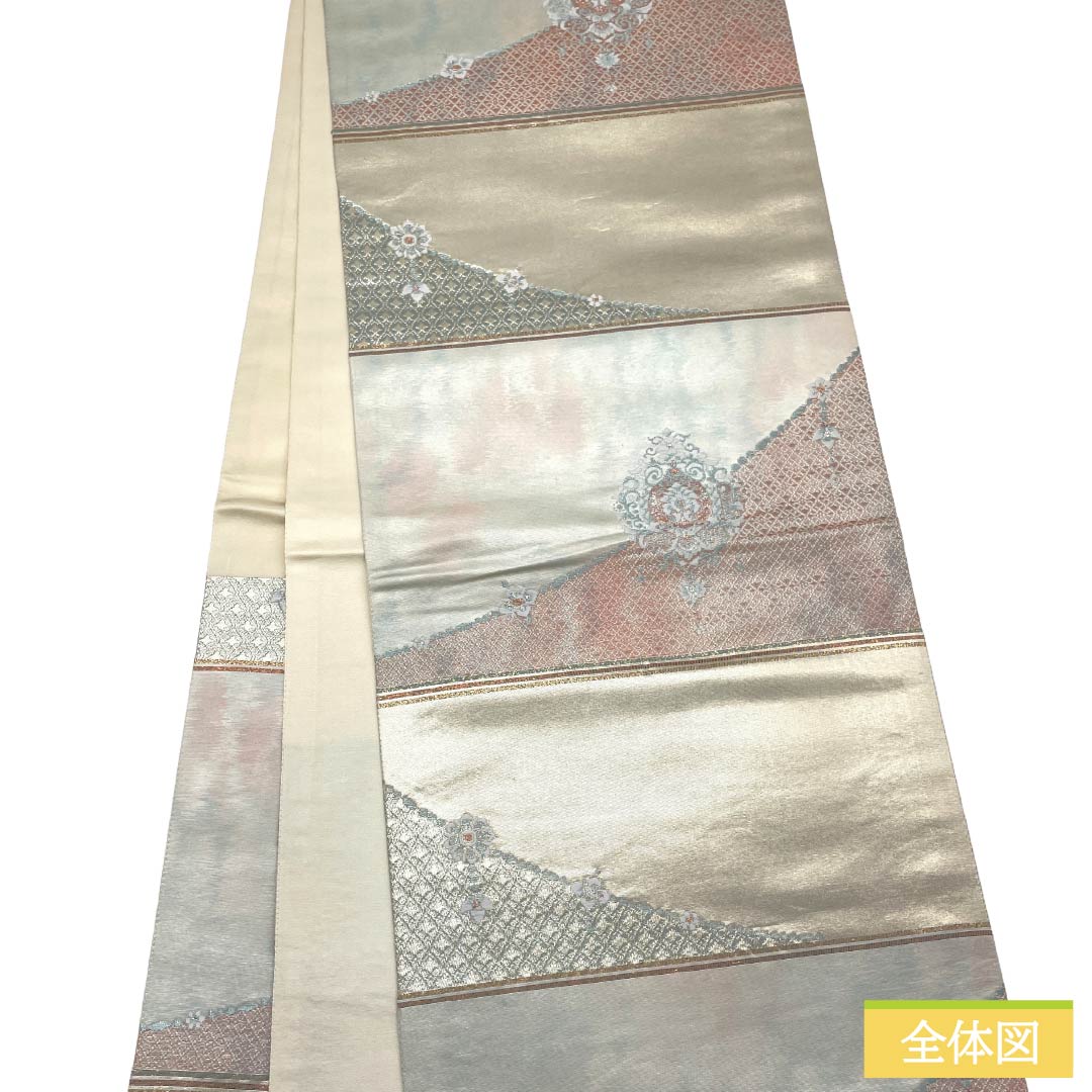 袋帯 正絹 Aランク 銀色(ぎんいろ) 引箔 抽象柄 帯丈414cm 六通 セミフォーマル 銀系 1123018453322