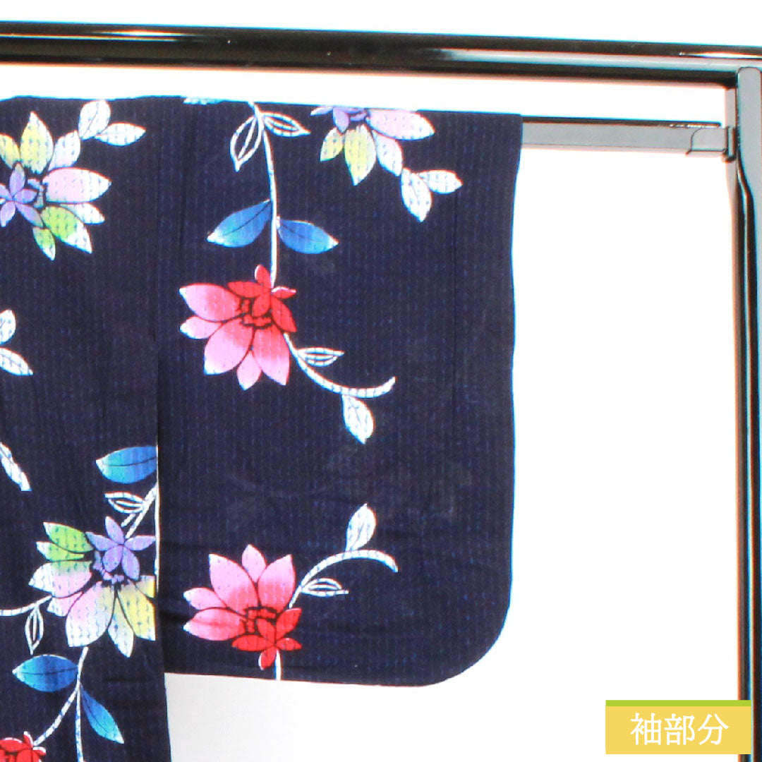 Yukata Cotton Length 158cm Sleeve length 61.5cm S rank Single layer Navy Deep navy Abstract flower 1118004862318