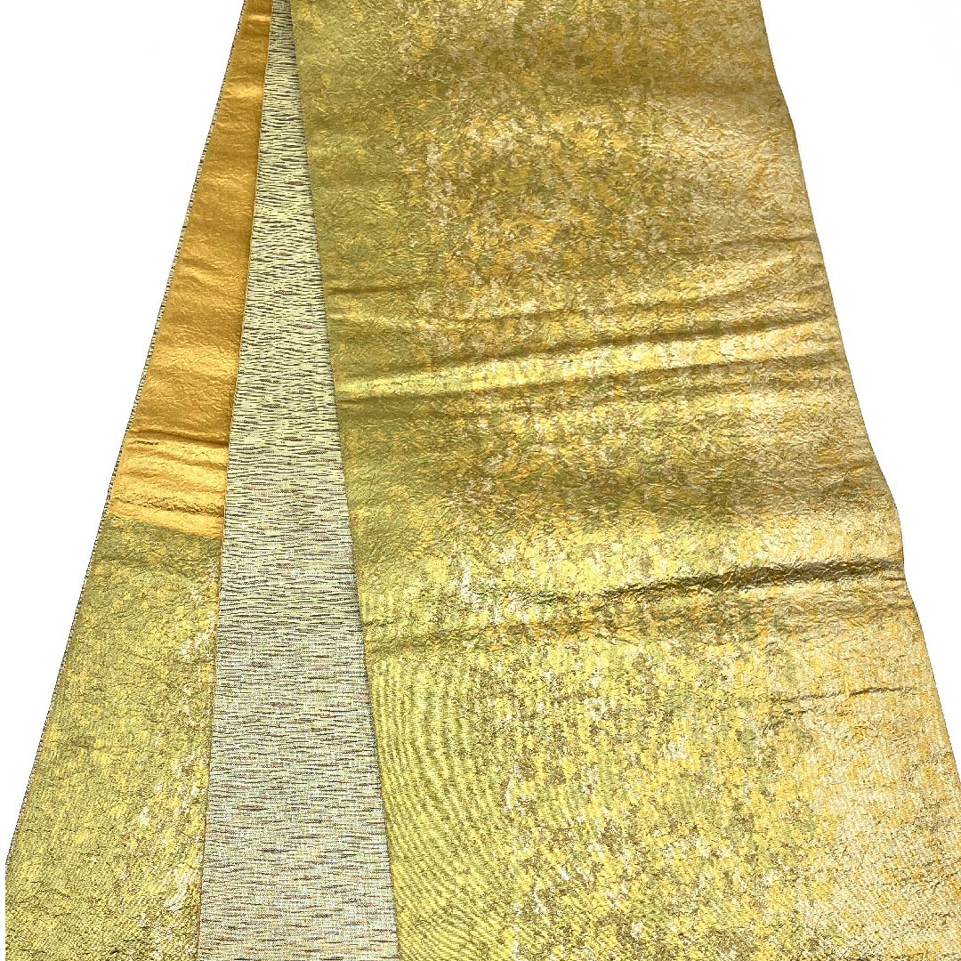 Fukuro Obi (light green obi) Asukaori Tenmoku foil Reversible Geometric pattern Length 432cm Pure silk A rank Six-way Semi-formal Gold 1123008033321