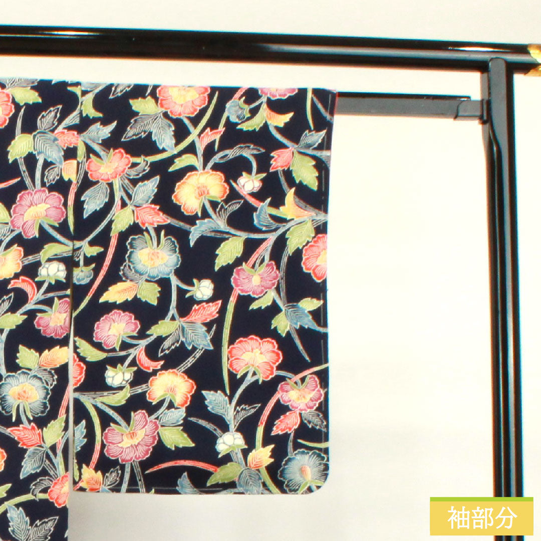 小紋 正絹 身丈155cm 裄丈62.5cm 袷 紺桔梗色 京紅型 草花模様 Bランク 紺系 1115003784318