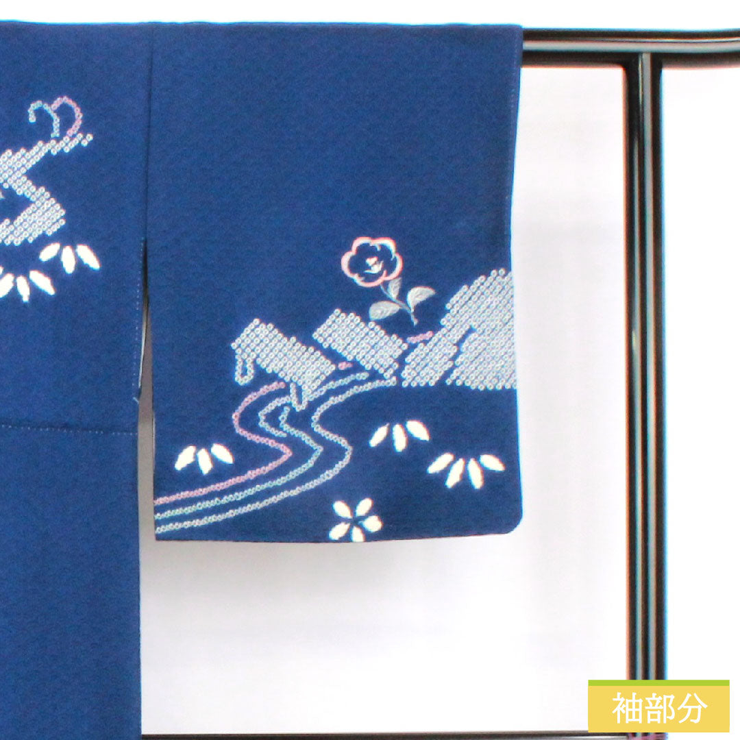 訪問着 正絹 袷 身丈160cm 裄丈66cm 紺瑠璃色(こんるりいろ) 部分絞り 抽象模様 Aランク 紺系 1112005663418