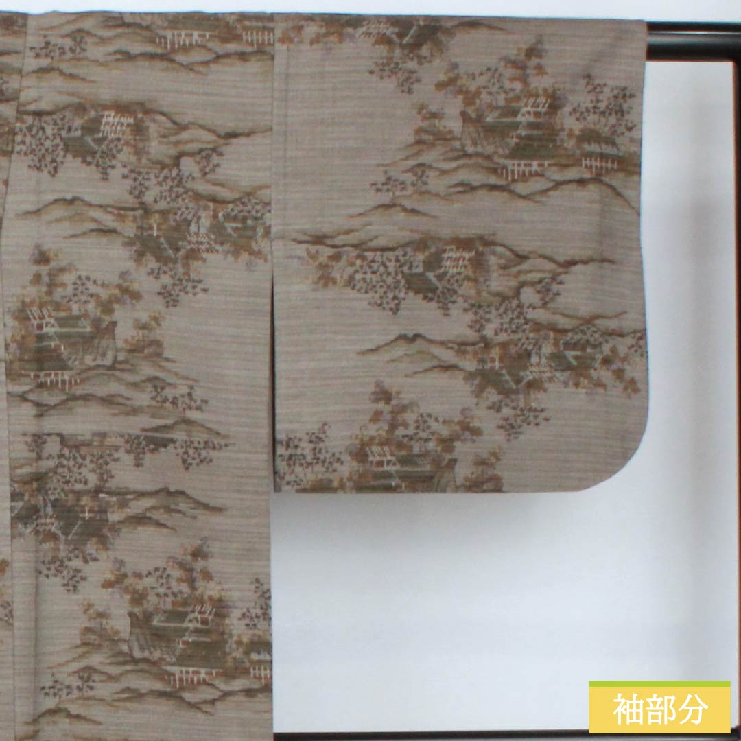 紬 正絹 身丈161.5cm 裄丈66cm 京極生壁色(きょうごくなまかべいろ) 風景模様 居敷当て付き Sランク 単衣 グレー系 1116003802422