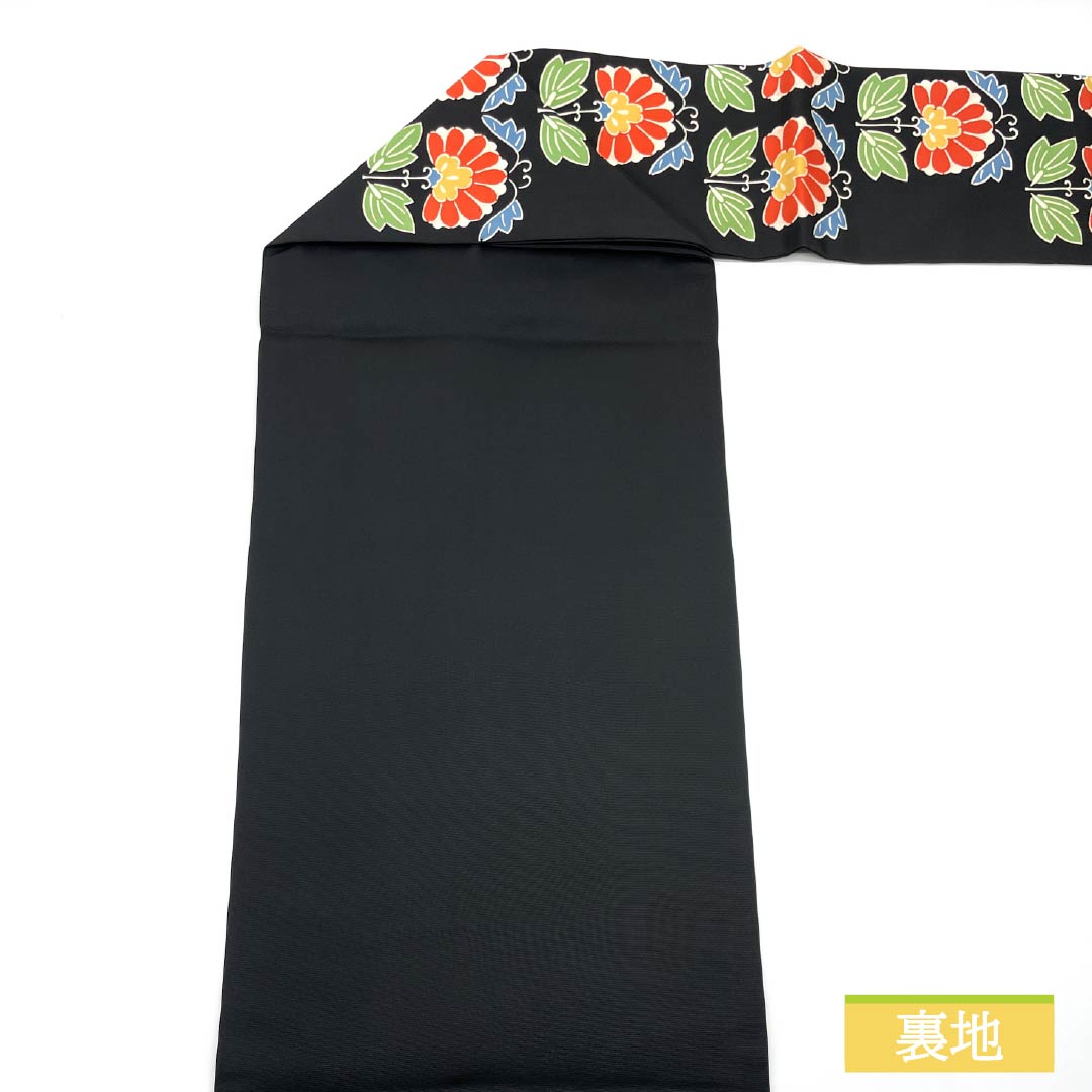 名古屋帯 正絹 Bランク 草花模様 染め帯 帯丈356cm 全通 カジュアル 黒系 1124010734310 名古屋仕立て