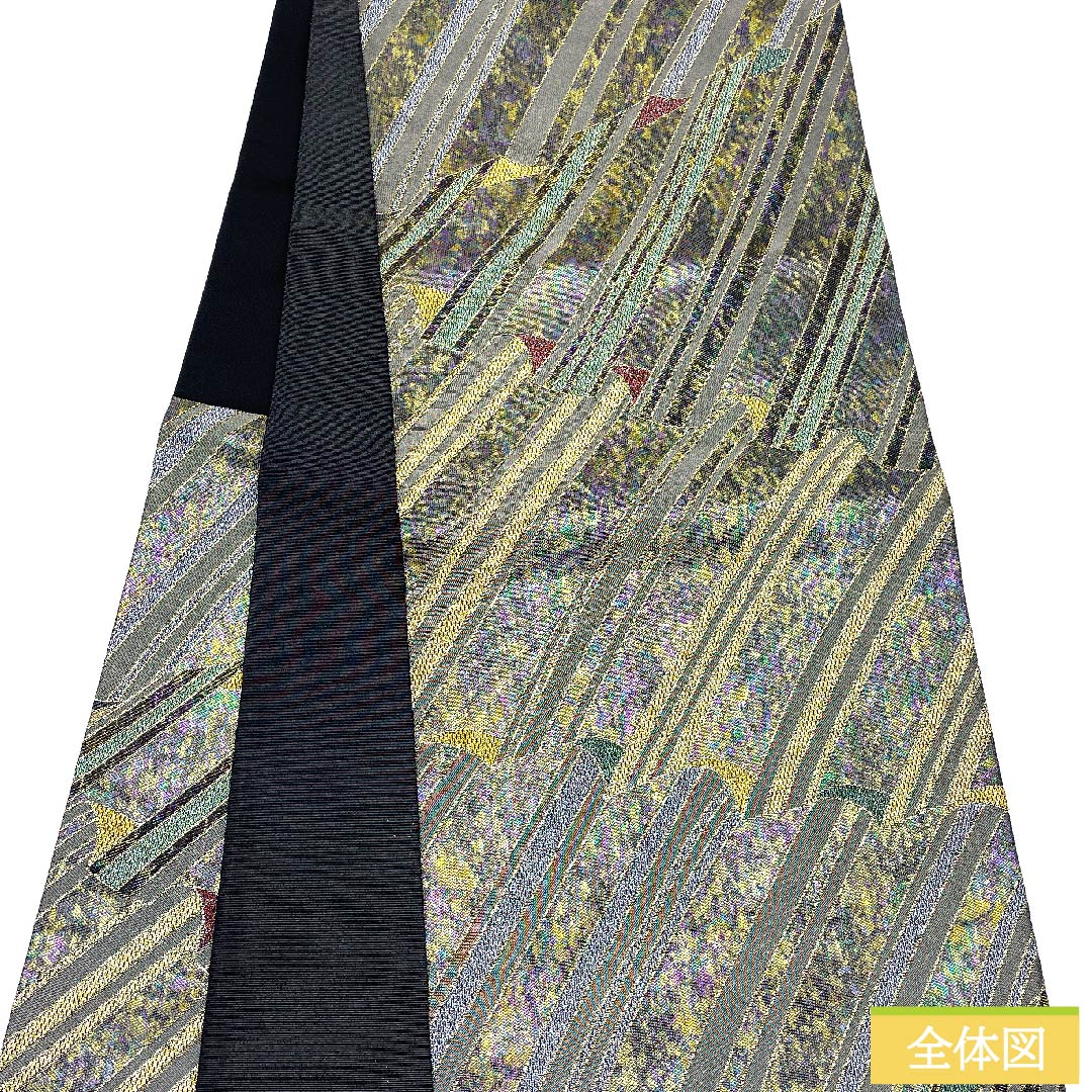 袋帯 正絹 薄黒色(うすぐろいろ) 幾何学模様 帯丈432cm Sランク 六通 セミフォーマル 銀系 1123010992322