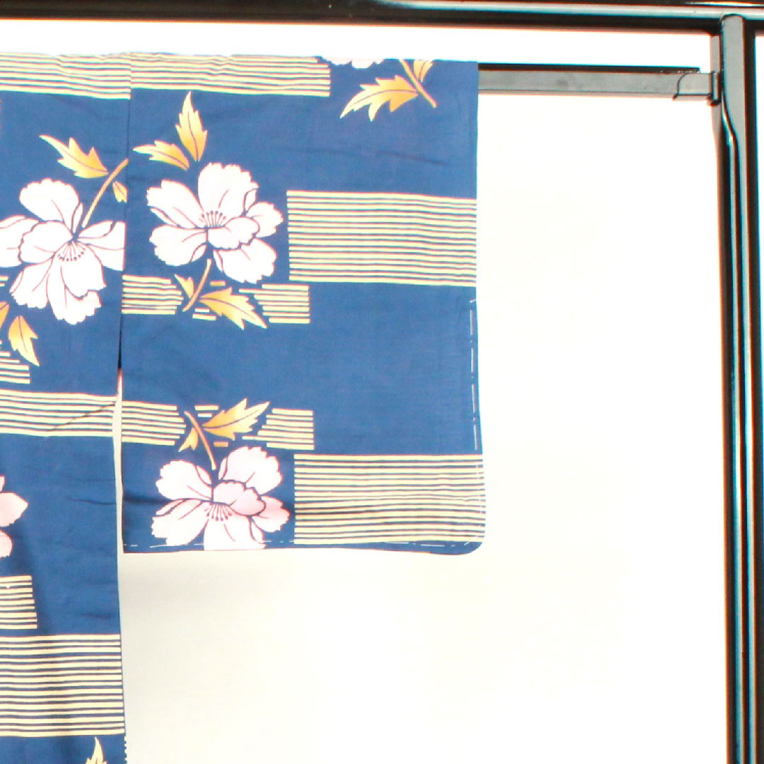 浴衣 濃二藍色 草花模様 木綿 Sランク 単衣 身丈163.5cm 裄丈64cm 紺系 1118001822418