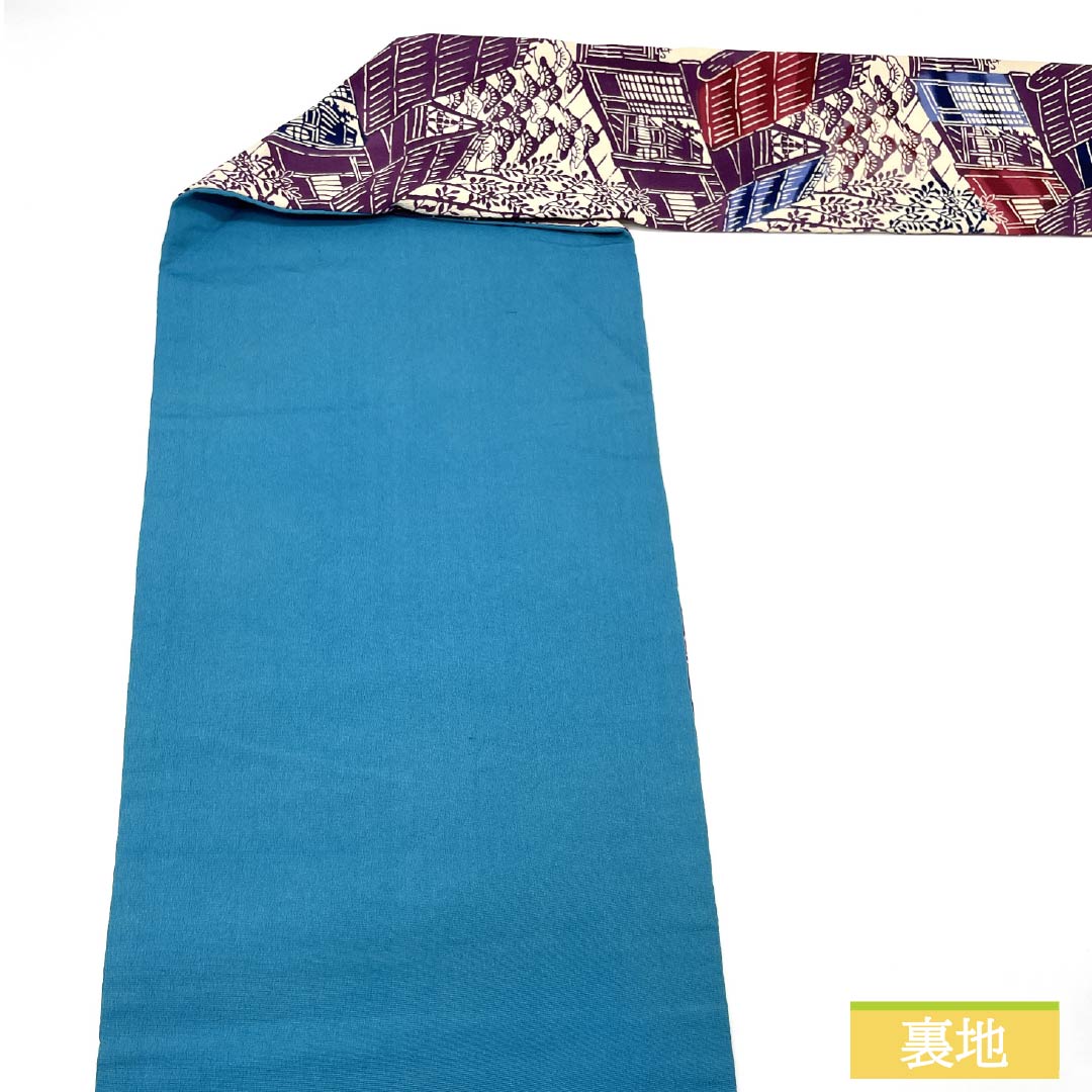 名古屋帯 生成り色(きなりいろ) 型染 風景模様 帯丈353cm 正絹 Aランク 全通 カジュアル ベージュ系 1124007793325 名古屋仕立て